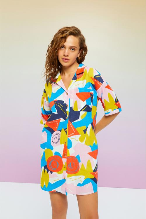  SOYUT DESENLİ MİNİ GÖMLEK ELBİSE