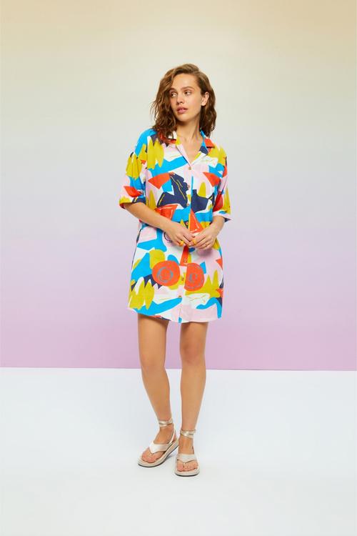  SOYUT DESENLİ MİNİ GÖMLEK ELBİSE