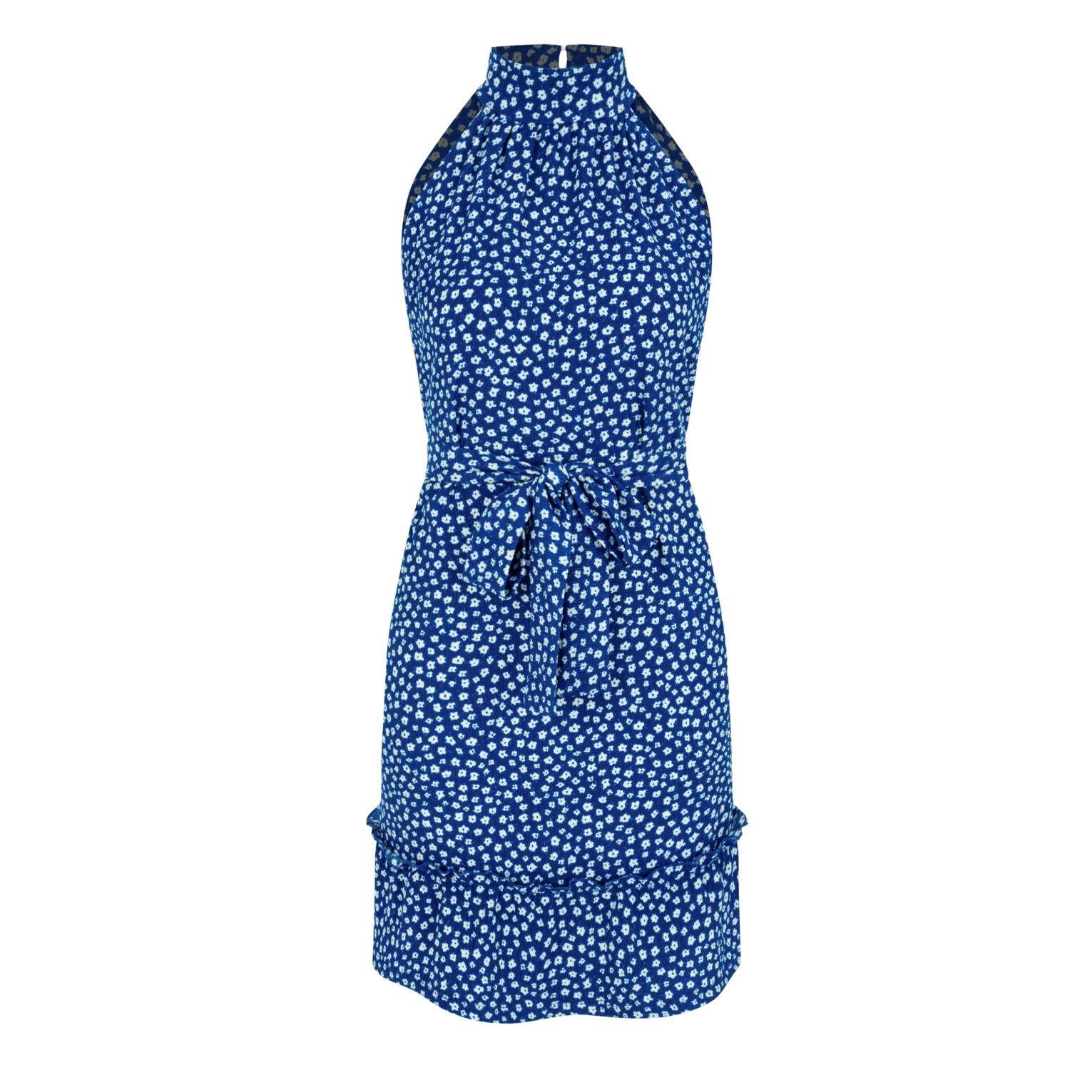 ÇİÇEK DESENLİ DİK YAKA KOLSUZ MİNİ KLOŞ ELBİSE