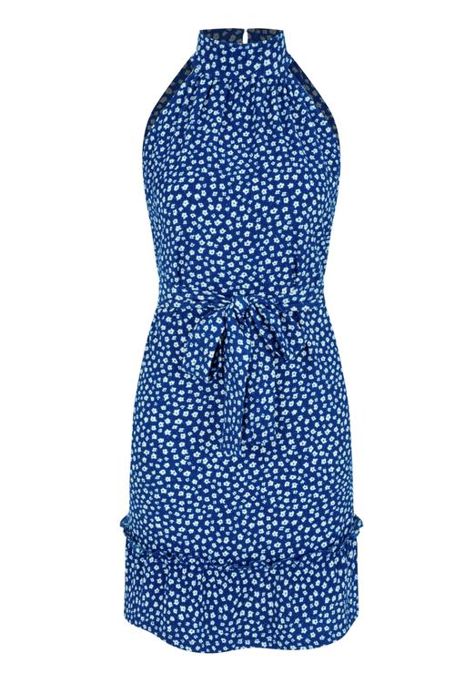  ÇİÇEK DESENLİ DİK YAKA KOLSUZ MİNİ KLOŞ ELBİSE