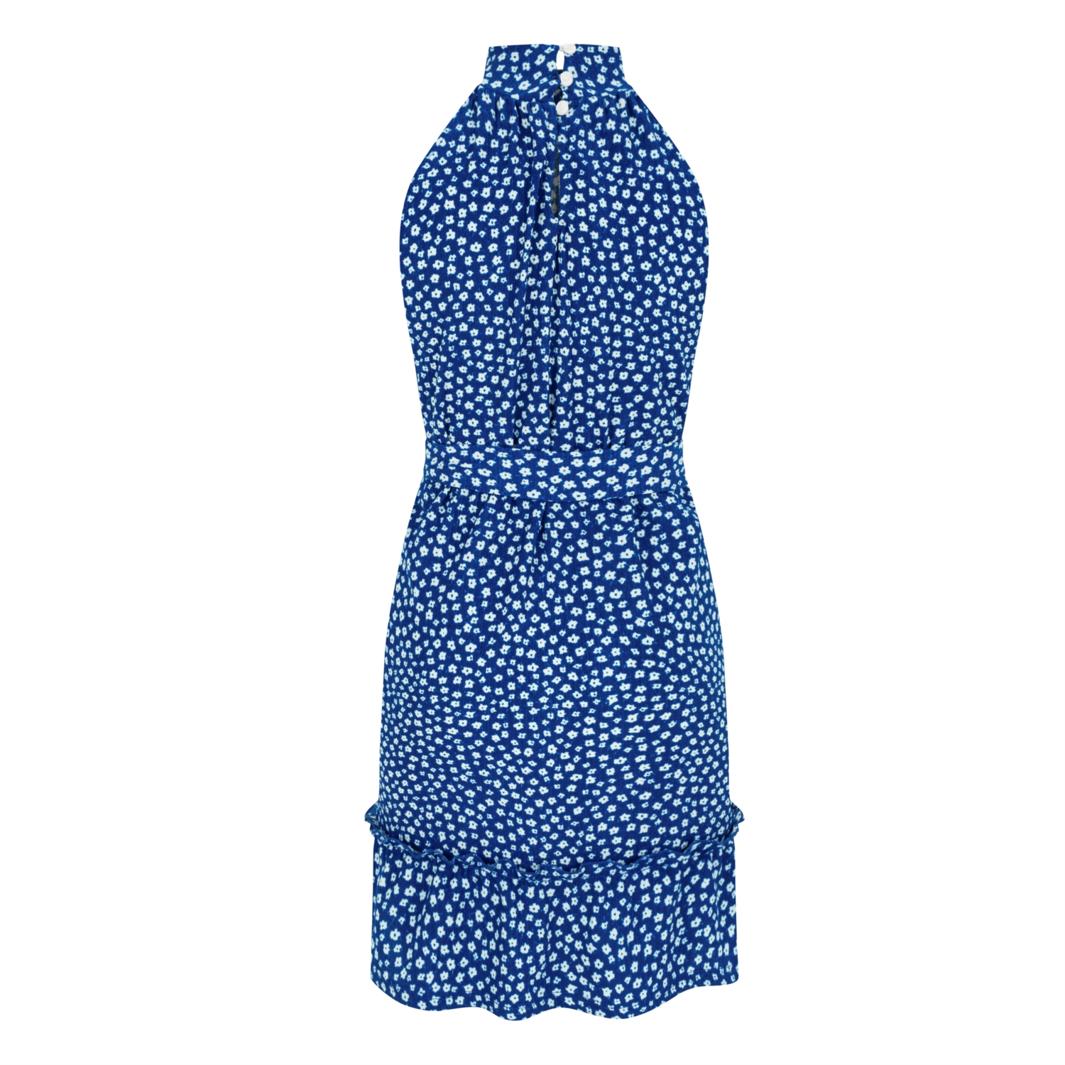 ÇİÇEK DESENLİ DİK YAKA KOLSUZ MİNİ KLOŞ ELBİSE