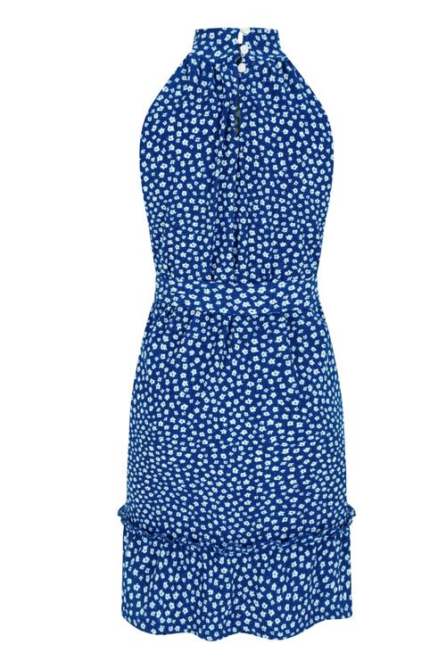  ÇİÇEK DESENLİ DİK YAKA KOLSUZ MİNİ KLOŞ ELBİSE