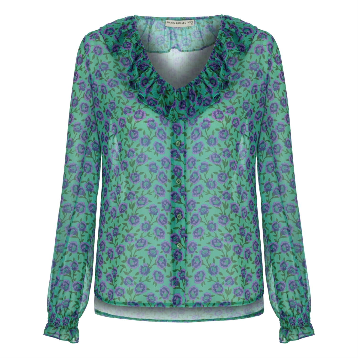 ÇİÇEK DESENLİ YAKASI FIRFIRLI ŞİFON GÖMLEK