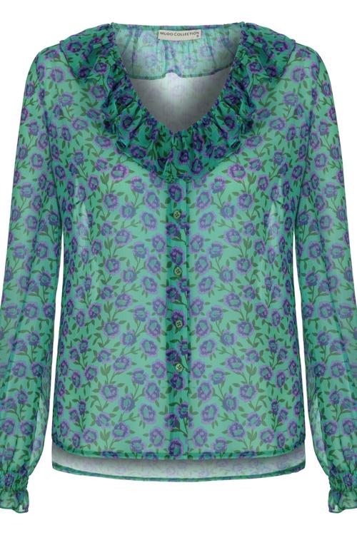  ÇİÇEK DESENLİ YAKASI FIRFIRLI ŞİFON GÖMLEK