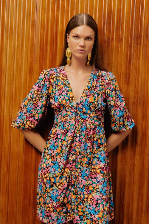  ÇİÇEK DESENLİ A FORM MİNİ ELBİSE