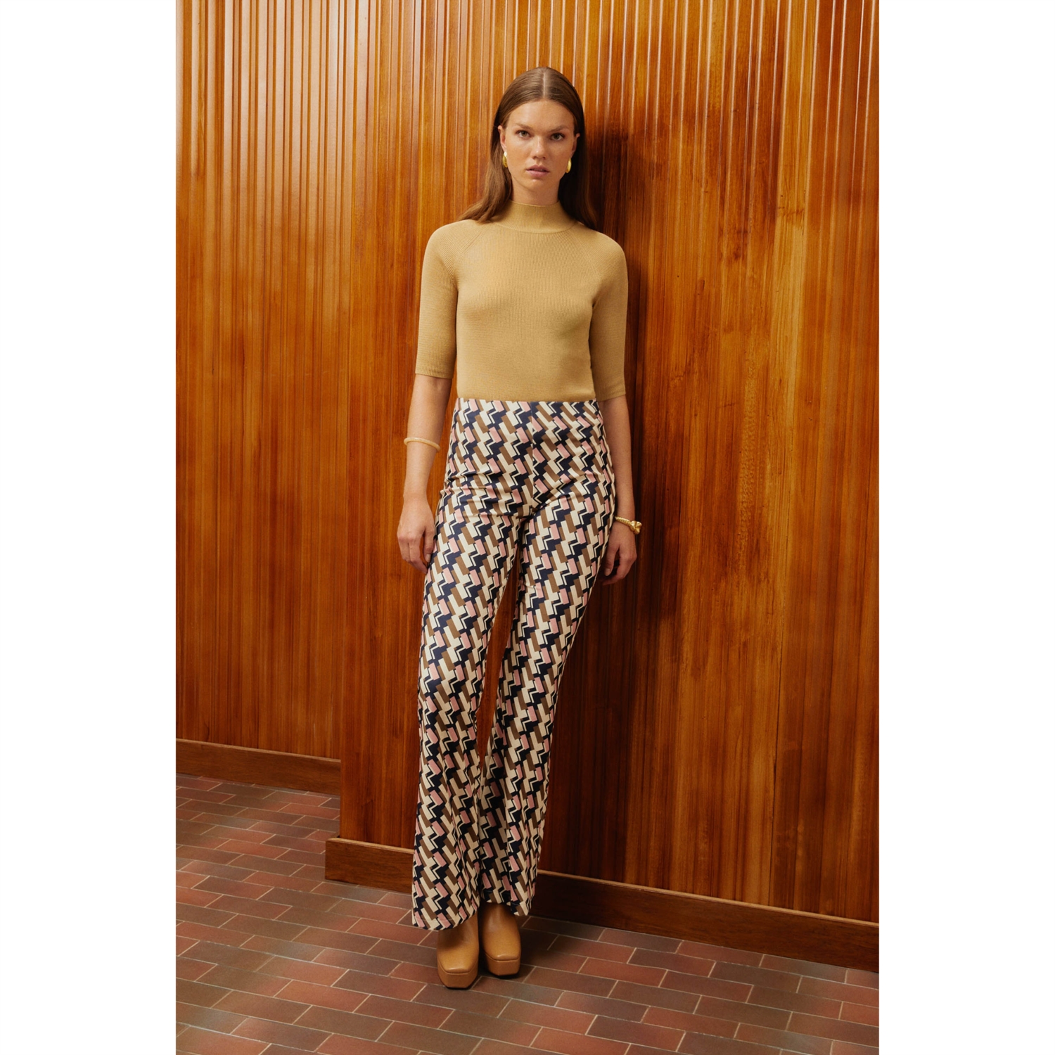 GEOMETRİK DESENLİ RETRO İSPANYOL PAÇA PANTOLON