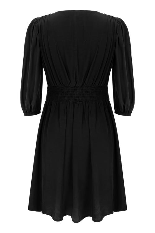  V YAKA DÜĞMELİ A KESİM UZUN KOLLU MİNİ ELBİSE