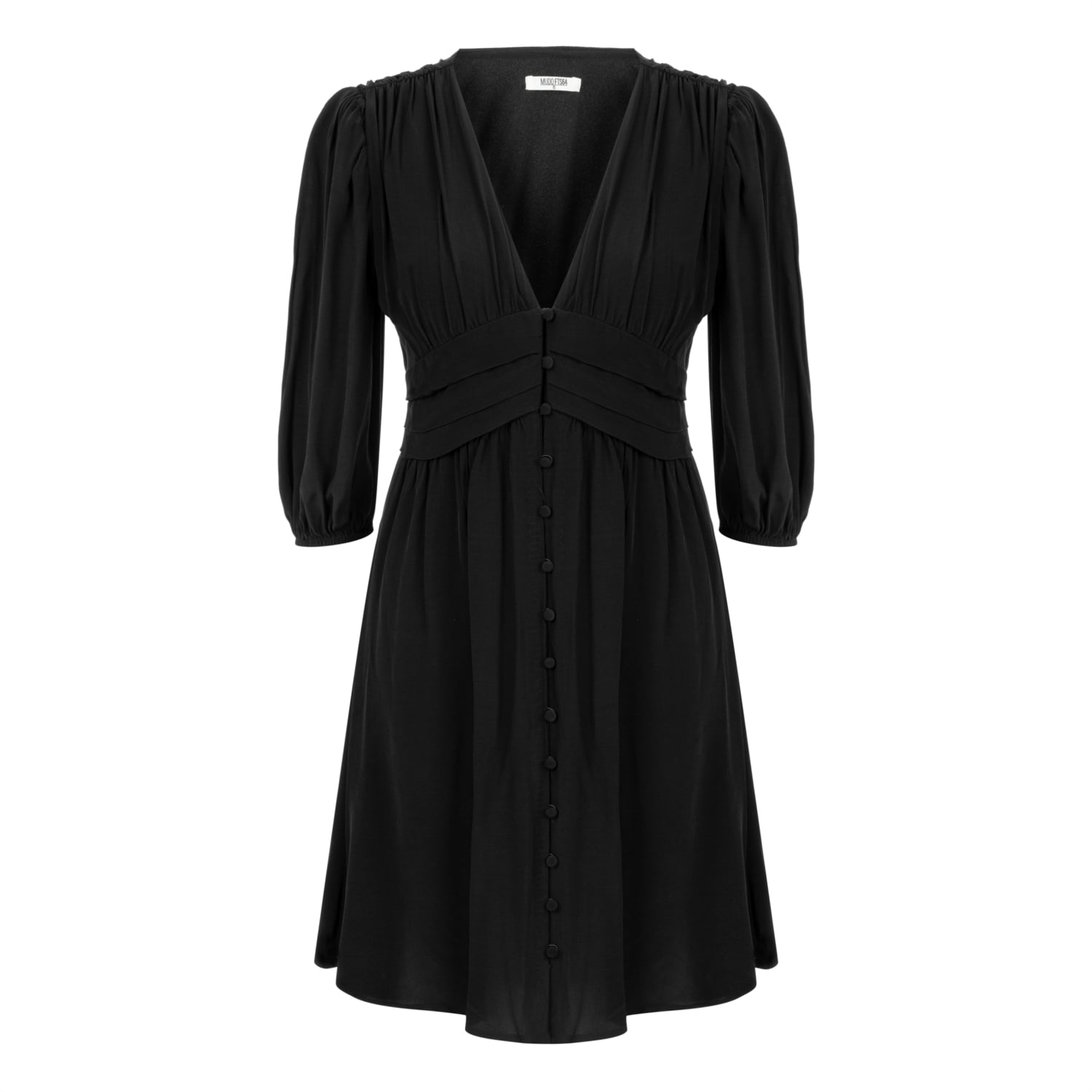 V YAKA DÜĞMELİ A KESİM UZUN KOLLU MİNİ ELBİSE