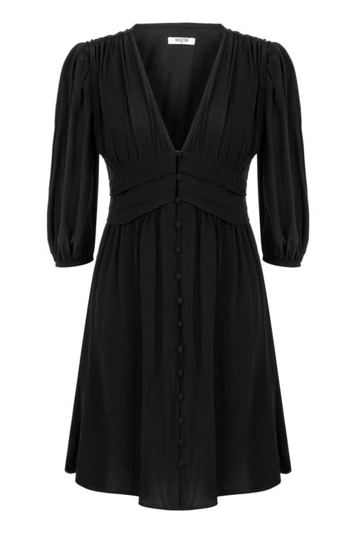  V YAKA DÜĞMELİ A KESİM UZUN KOLLU MİNİ ELBİSE