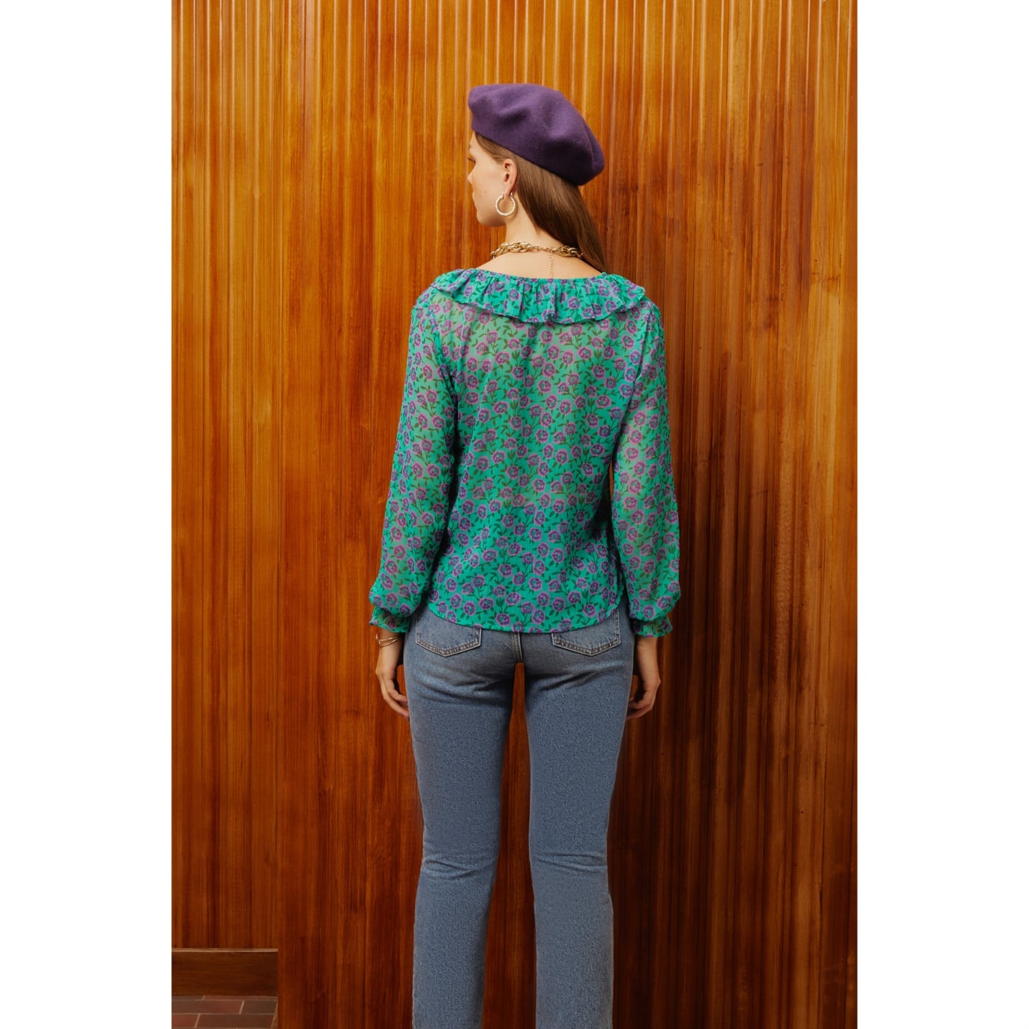 ÇİÇEK DESENLİ YAKASI FIRFIRLI ŞİFON GÖMLEK