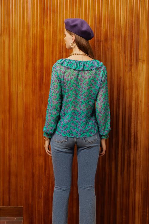  ÇİÇEK DESENLİ YAKASI FIRFIRLI ŞİFON GÖMLEK