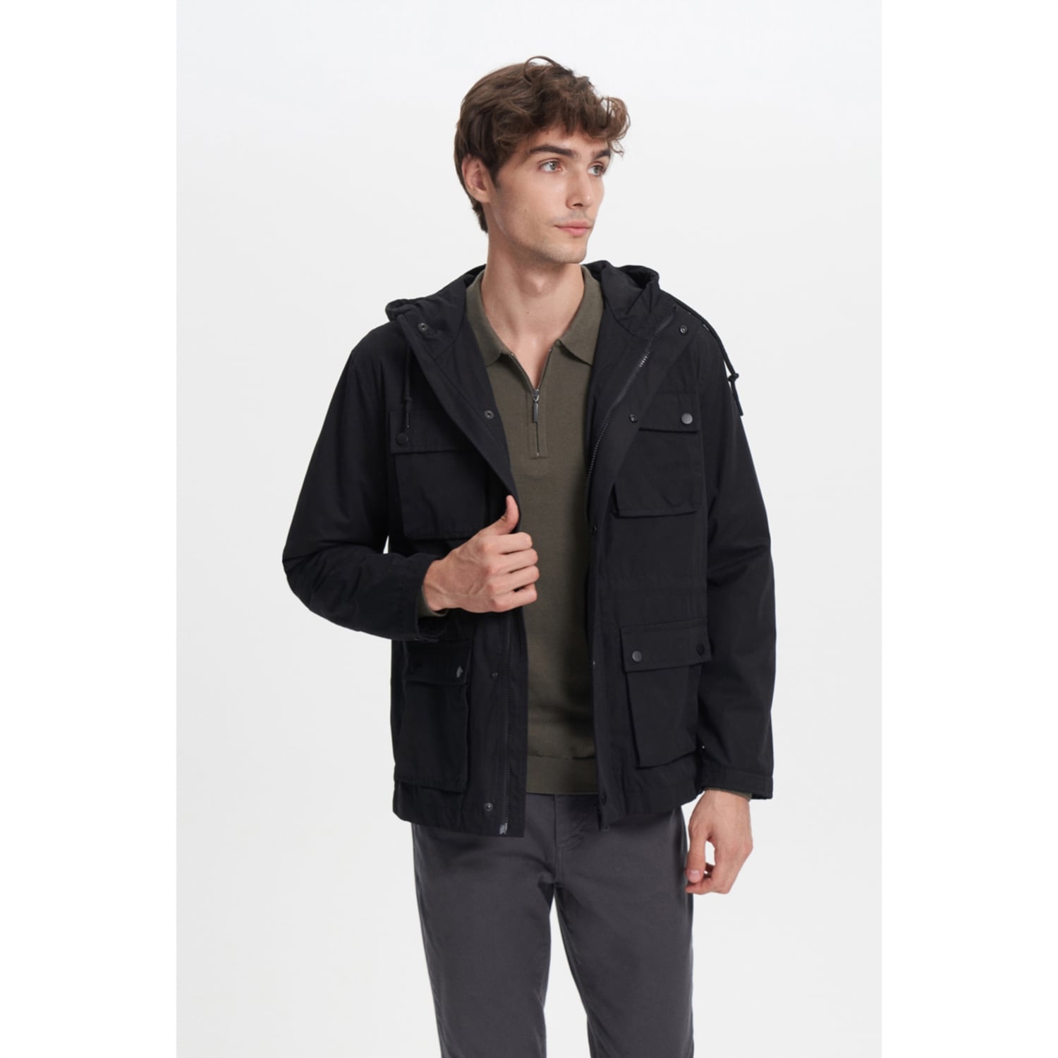 KAPÜŞONLU ÇOK CEPLİ KISA MONT