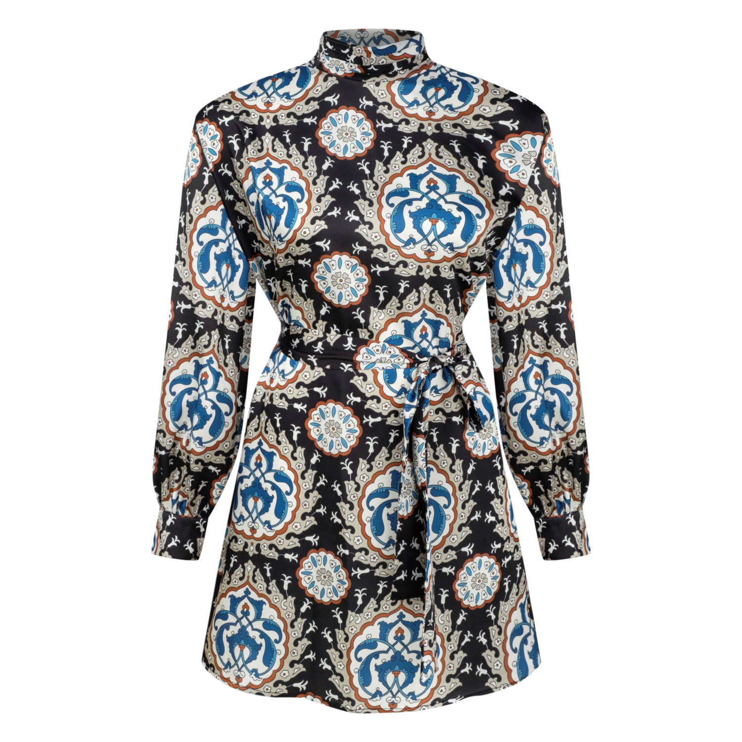 BELİ KUŞAKLI ETNİK DESENLİ MİNİ ELBİSE