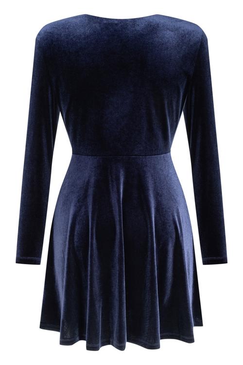  V YAKA UZUN KOLLU MİNİ KADİFE ELBİSE