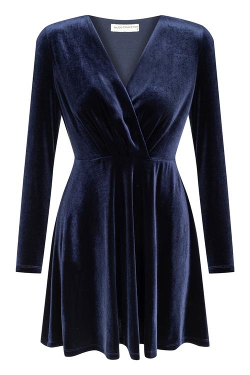  V YAKA UZUN KOLLU MİNİ KADİFE ELBİSE