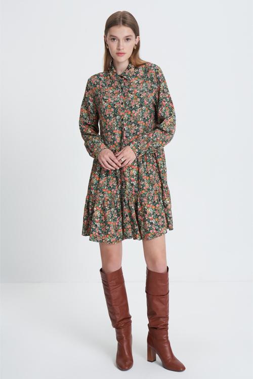  ÇİÇEK DESENLİ UZUN KOLLU A FORM MİNİ ELBİSE