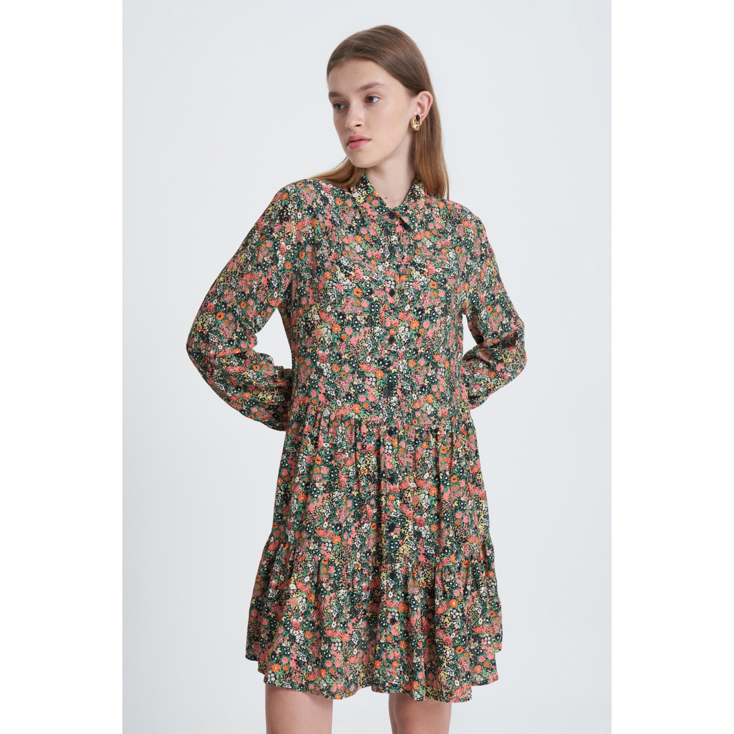 ÇİÇEK DESENLİ UZUN KOLLU A FORM MİNİ ELBİSE