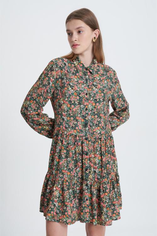  ÇİÇEK DESENLİ UZUN KOLLU A FORM MİNİ ELBİSE