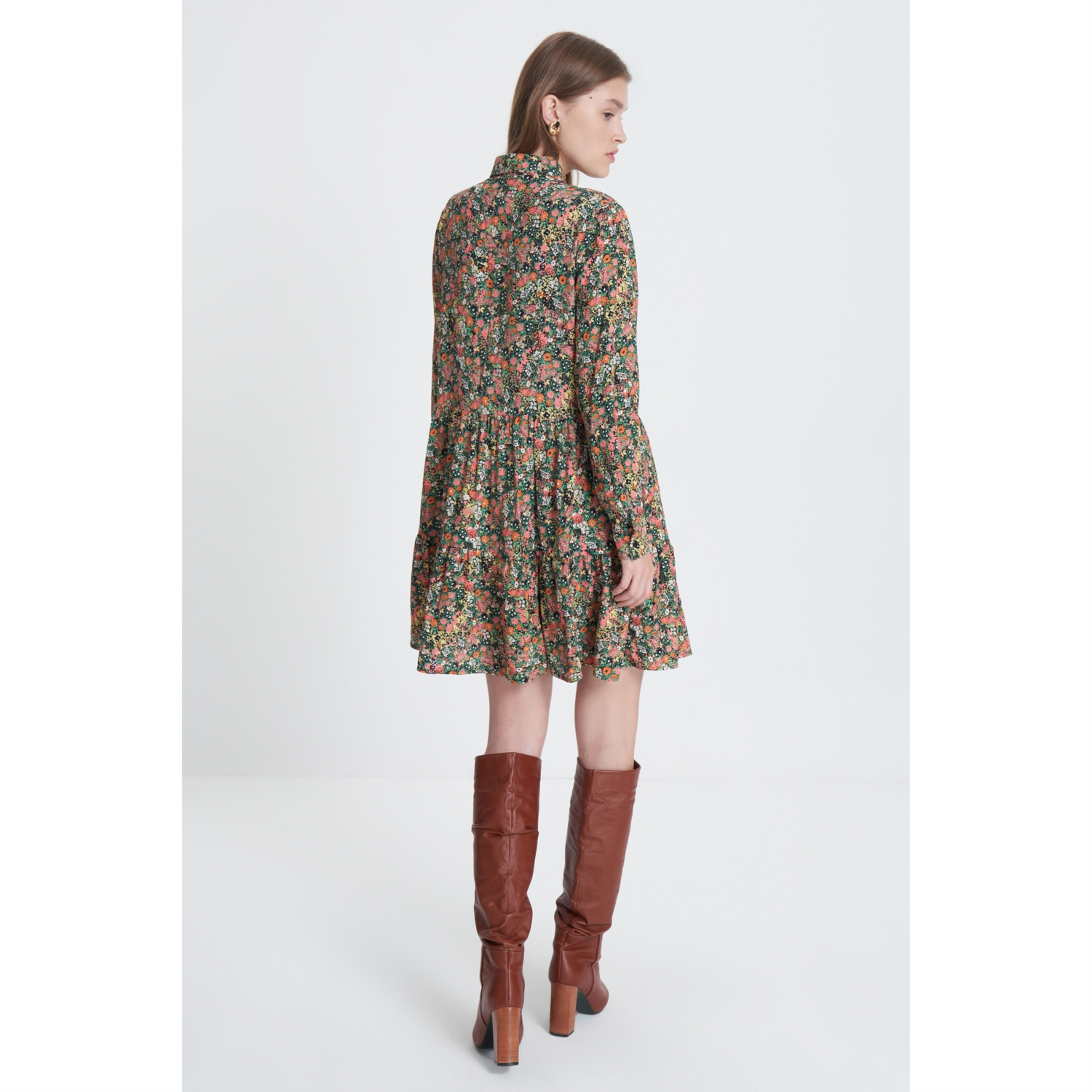 ÇİÇEK DESENLİ UZUN KOLLU A FORM MİNİ ELBİSE