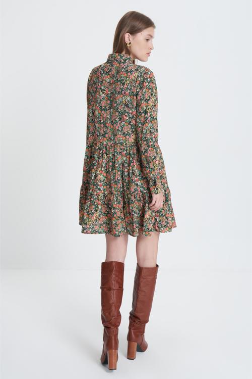  ÇİÇEK DESENLİ UZUN KOLLU A FORM MİNİ ELBİSE