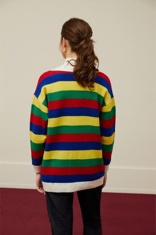  ÇİZGİLİ V YAKA TRİKO HIRKA