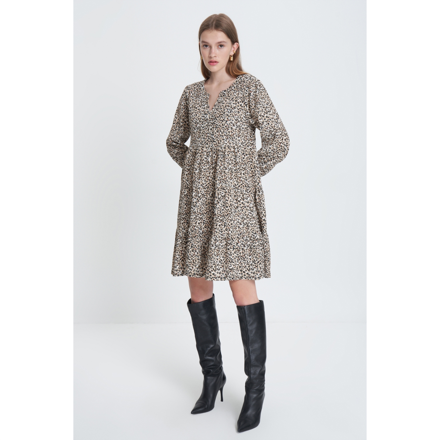 LEOPAR DESENLİ UZUN KOLLU MİNİ KLOŞ ELBİSE