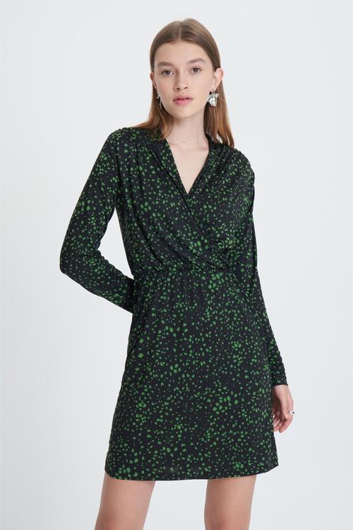  BASKILI UZUN KOLLU MİNİ KRUVAZE ELBİSE