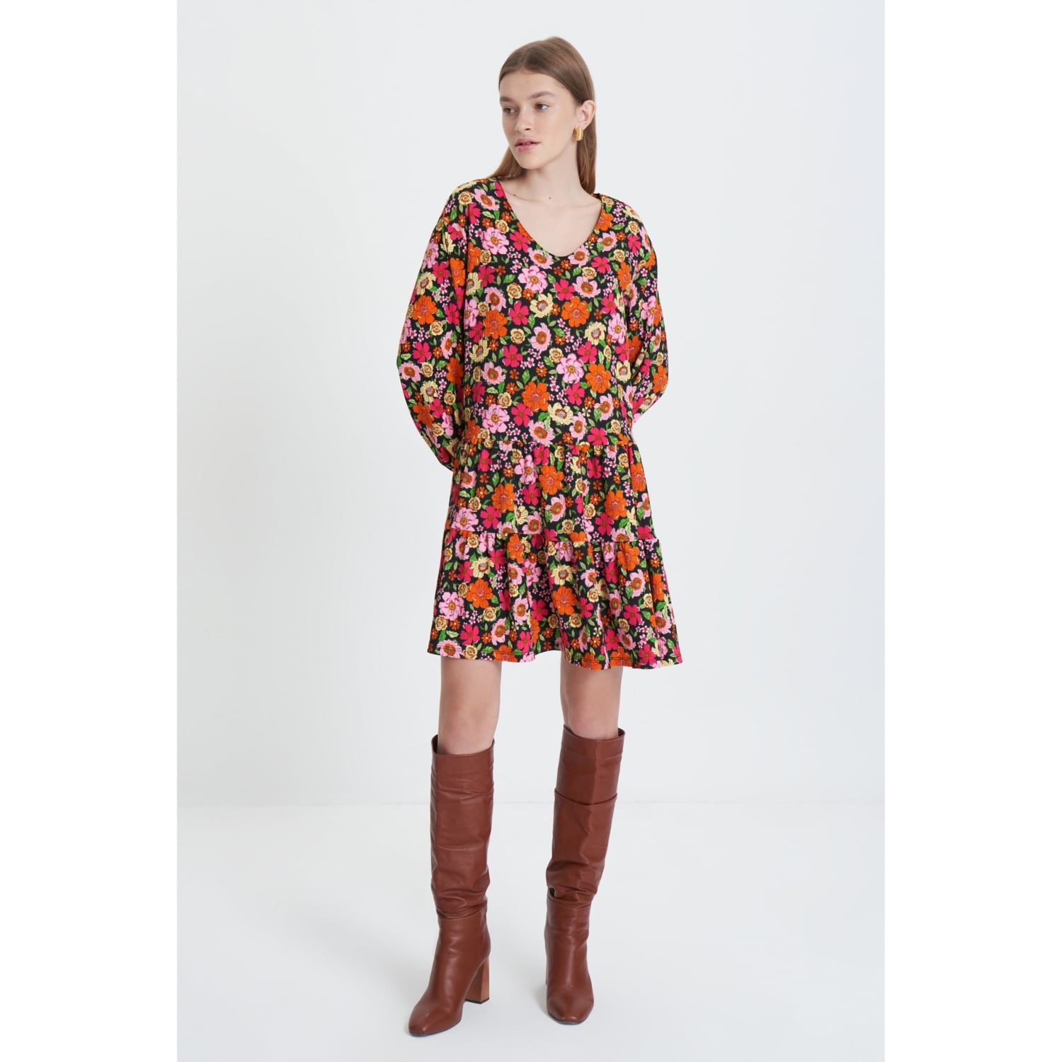 ÇİÇEK DESENLİ A FORM MİNİ ELBİSE