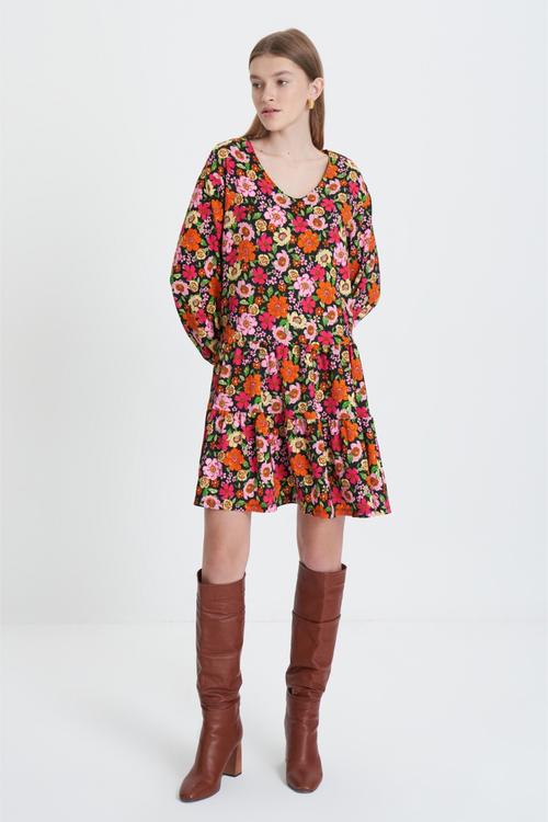  ÇİÇEK DESENLİ A FORM MİNİ ELBİSE