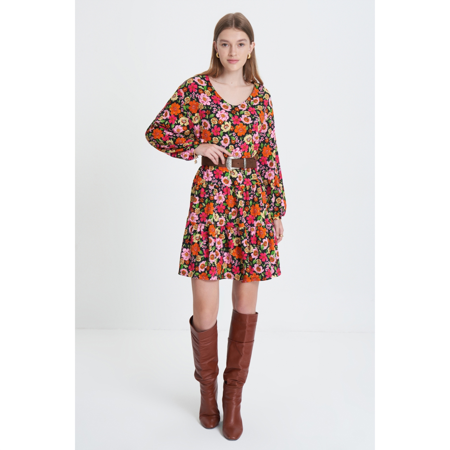 ÇİÇEK DESENLİ A FORM MİNİ ELBİSE