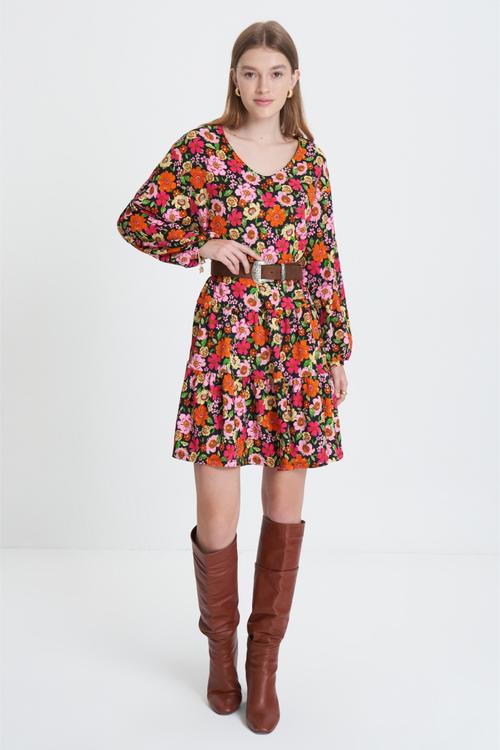  ÇİÇEK DESENLİ A FORM MİNİ ELBİSE