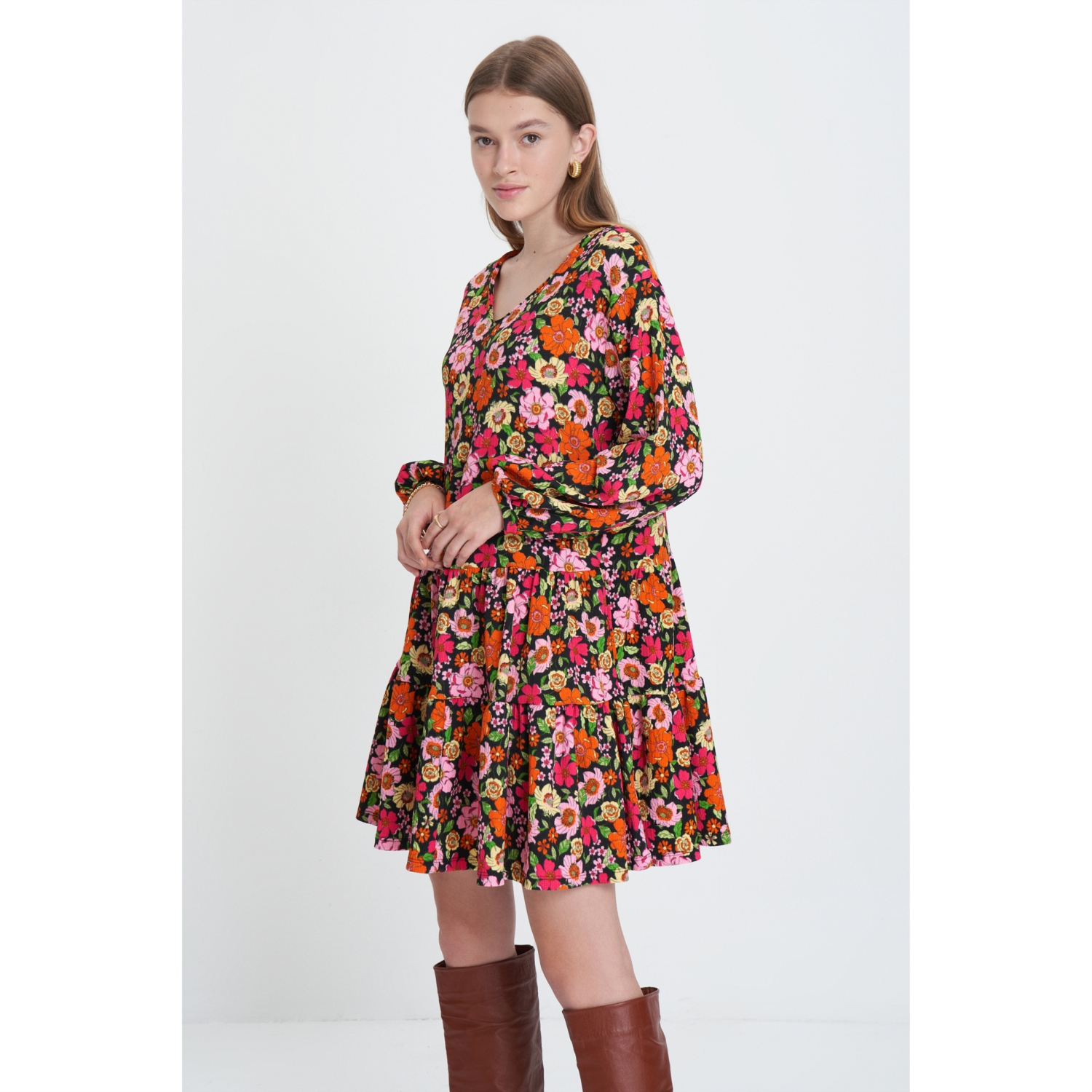 ÇİÇEK DESENLİ A FORM MİNİ ELBİSE