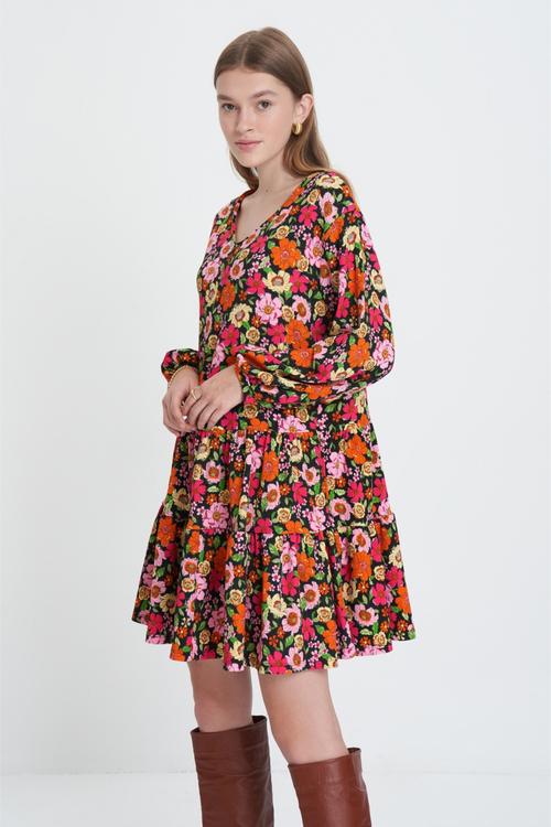  ÇİÇEK DESENLİ A FORM MİNİ ELBİSE