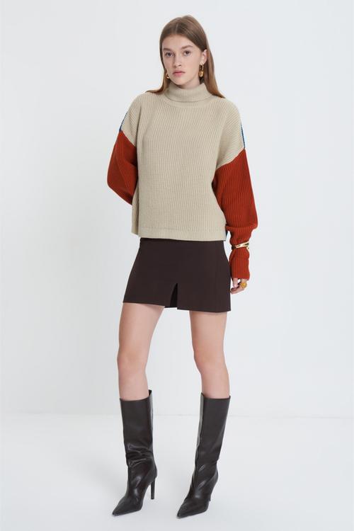  BALIKÇI YAKA RENK BLOKLU TRİKO KAZAK