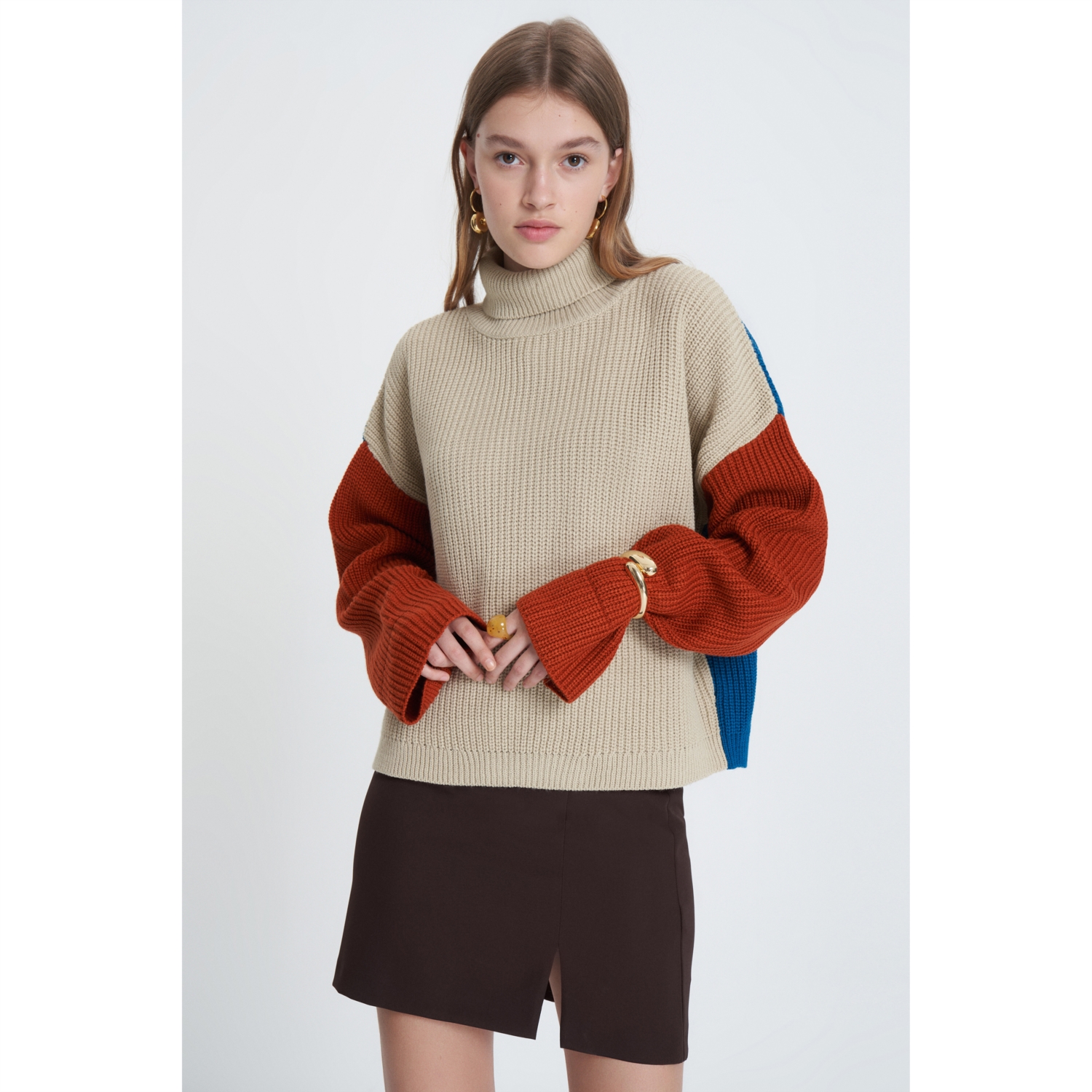 BALIKÇI YAKA RENK BLOKLU TRİKO KAZAK