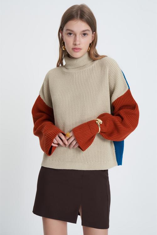  BALIKÇI YAKA RENK BLOKLU TRİKO KAZAK