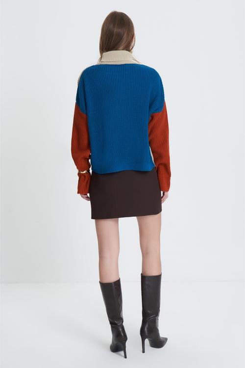  BALIKÇI YAKA RENK BLOKLU TRİKO KAZAK