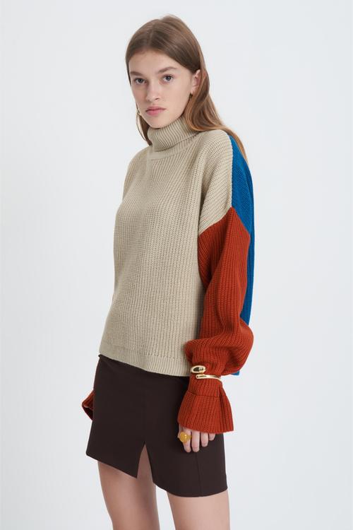  BALIKÇI YAKA RENK BLOKLU TRİKO KAZAK