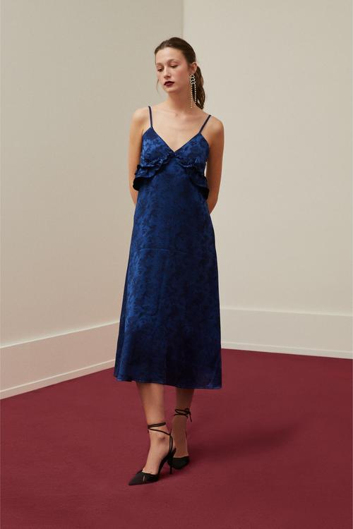  ÇİÇEK DESENLİ ASKILI PEPLUM MİDİ ELBİSE