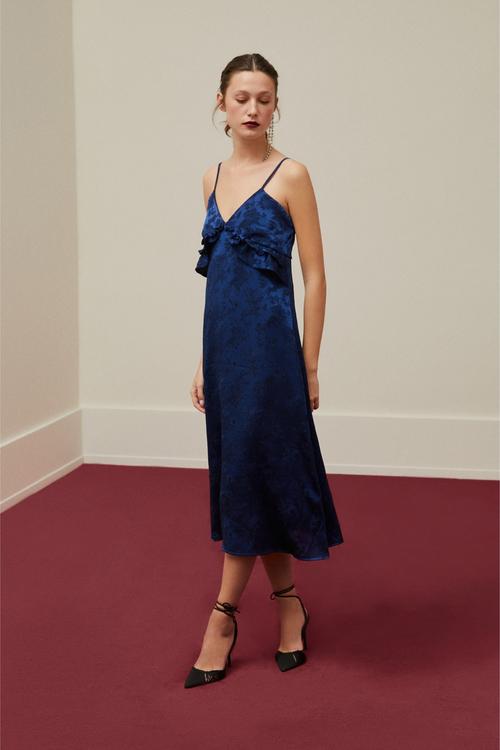  ÇİÇEK DESENLİ ASKILI PEPLUM MİDİ ELBİSE