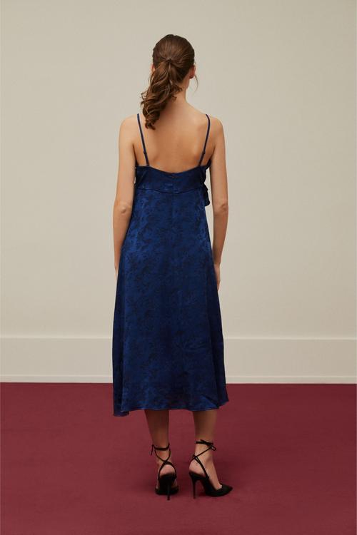  ÇİÇEK DESENLİ ASKILI PEPLUM MİDİ ELBİSE