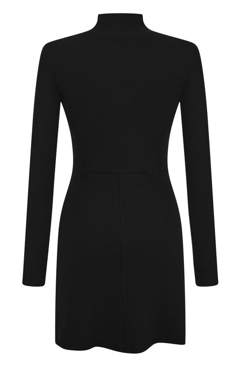  DİK YAKA UZUN KOLLU MİNİ ELBİSE