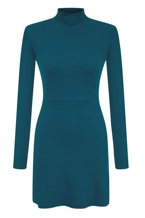  DİK YAKA UZUN KOLLU MİNİ ELBİSE