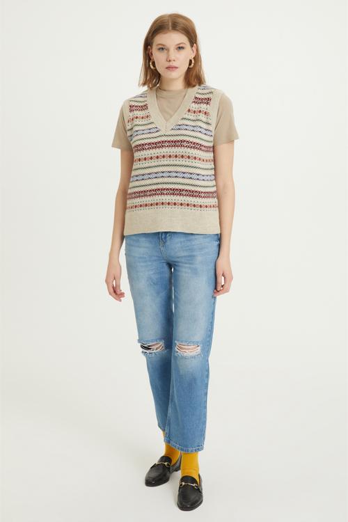  JAKARLI ETNİK V YAKA TRİKO SÜVETER