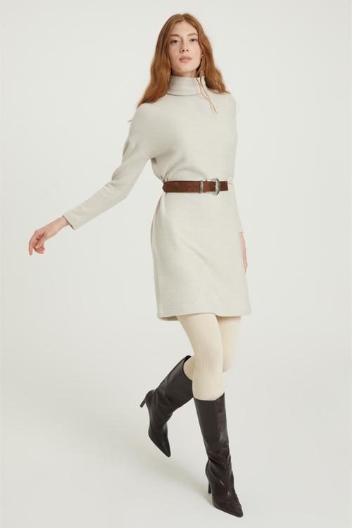  BALIKÇI YAKA DÜZ KESİM MİNİ TRİKO ELBİSE