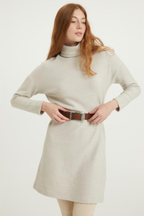  BALIKÇI YAKA DÜZ KESİM MİNİ TRİKO ELBİSE