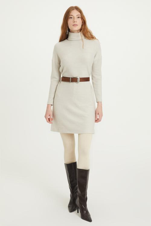  BALIKÇI YAKA DÜZ KESİM MİNİ TRİKO ELBİSE