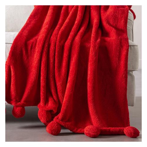  PONPONLU DİZ ÜSTÜ BATTANİYE KIRMIZI 130X160