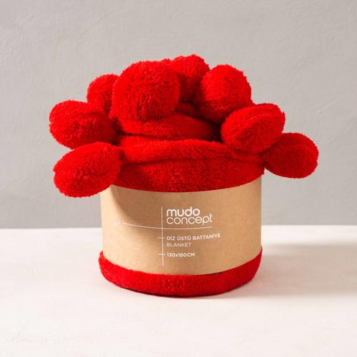  PONPONLU DİZ ÜSTÜ BATTANİYE KIRMIZI 130X160