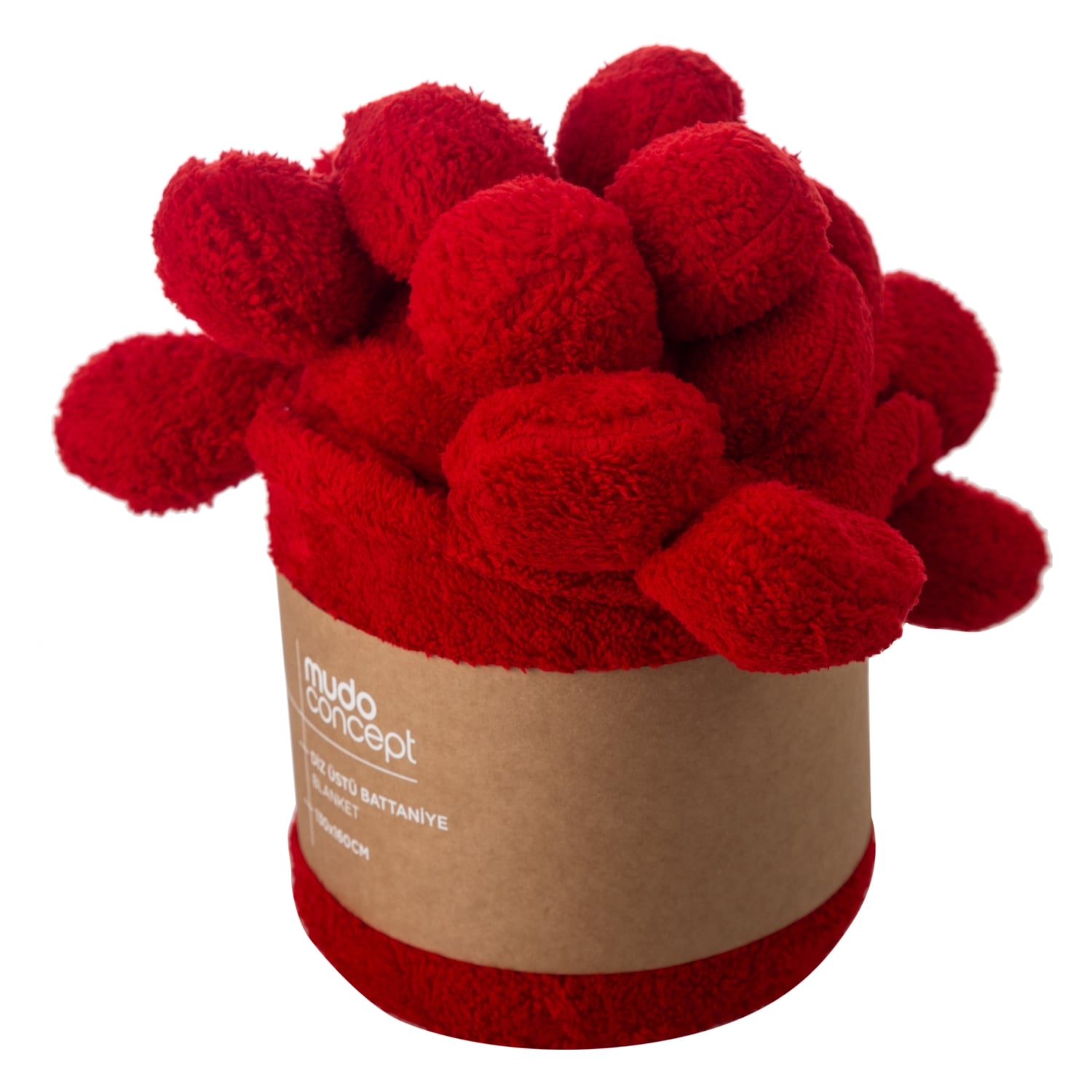 PONPONLU DİZ ÜSTÜ BATTANİYE KIRMIZI 130X160